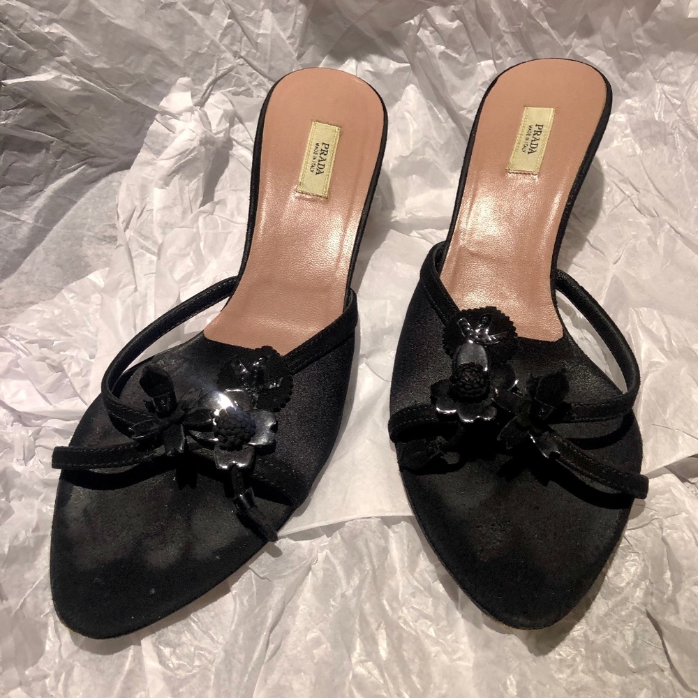 Prada Black Suede Kitten Heel Mules